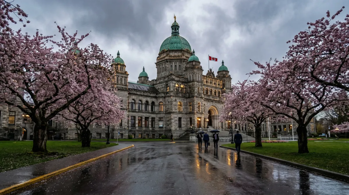 BC Parliament Buildings in Victoria surrounded by cherry blossom trees under dramatic spring sky