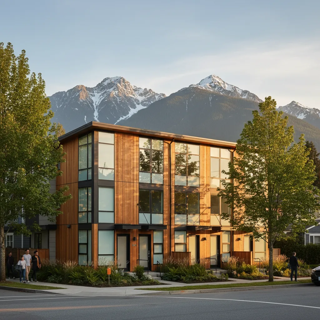 Modern multiplex building in Burnaby BC showing Missing Middle housing development under Bill 44