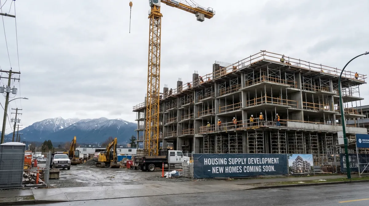 Construction site in Vancouver with crane and residential building under construction with North Shore mountains in background