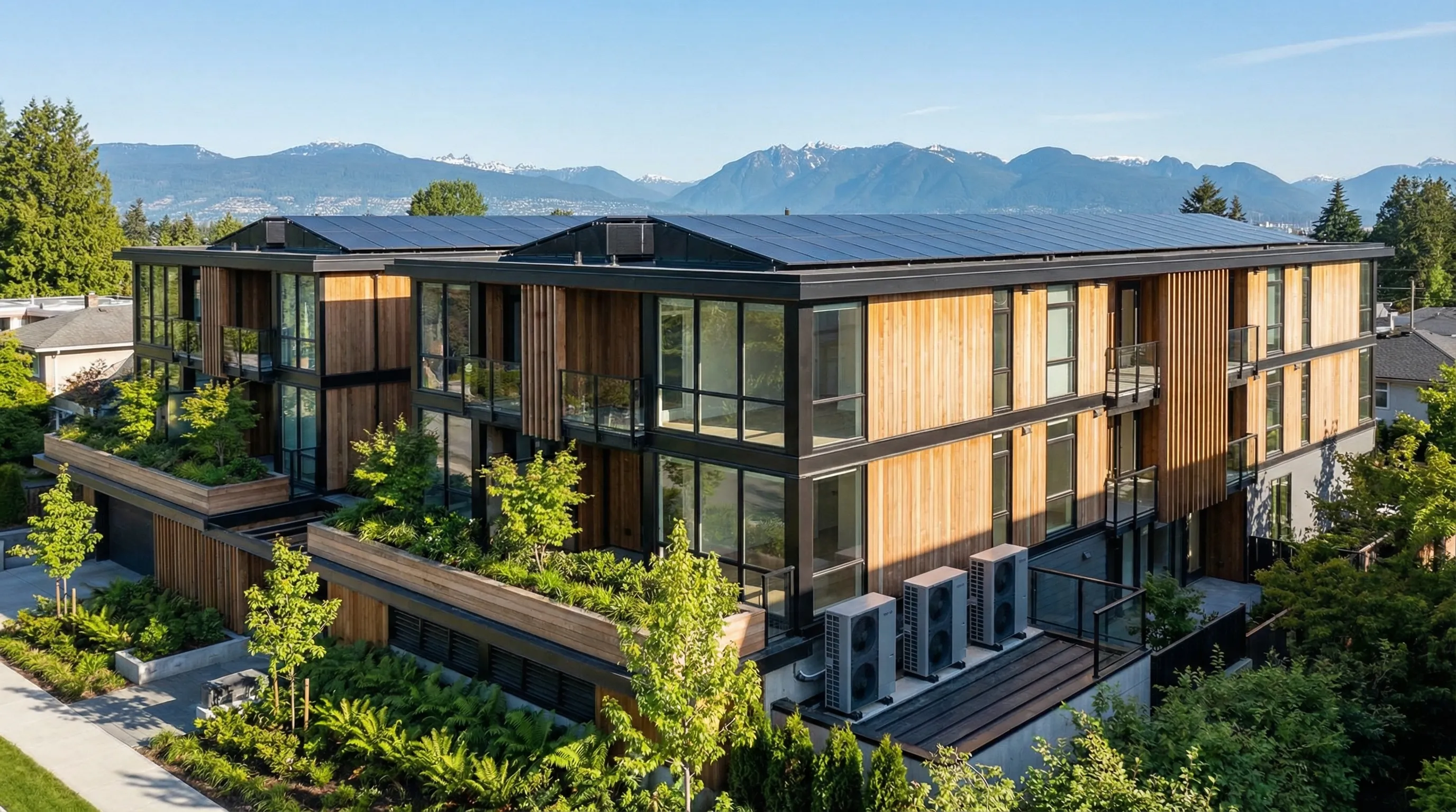 Modern energy-efficient multiplex with solar panels and heat pumps in Vancouver