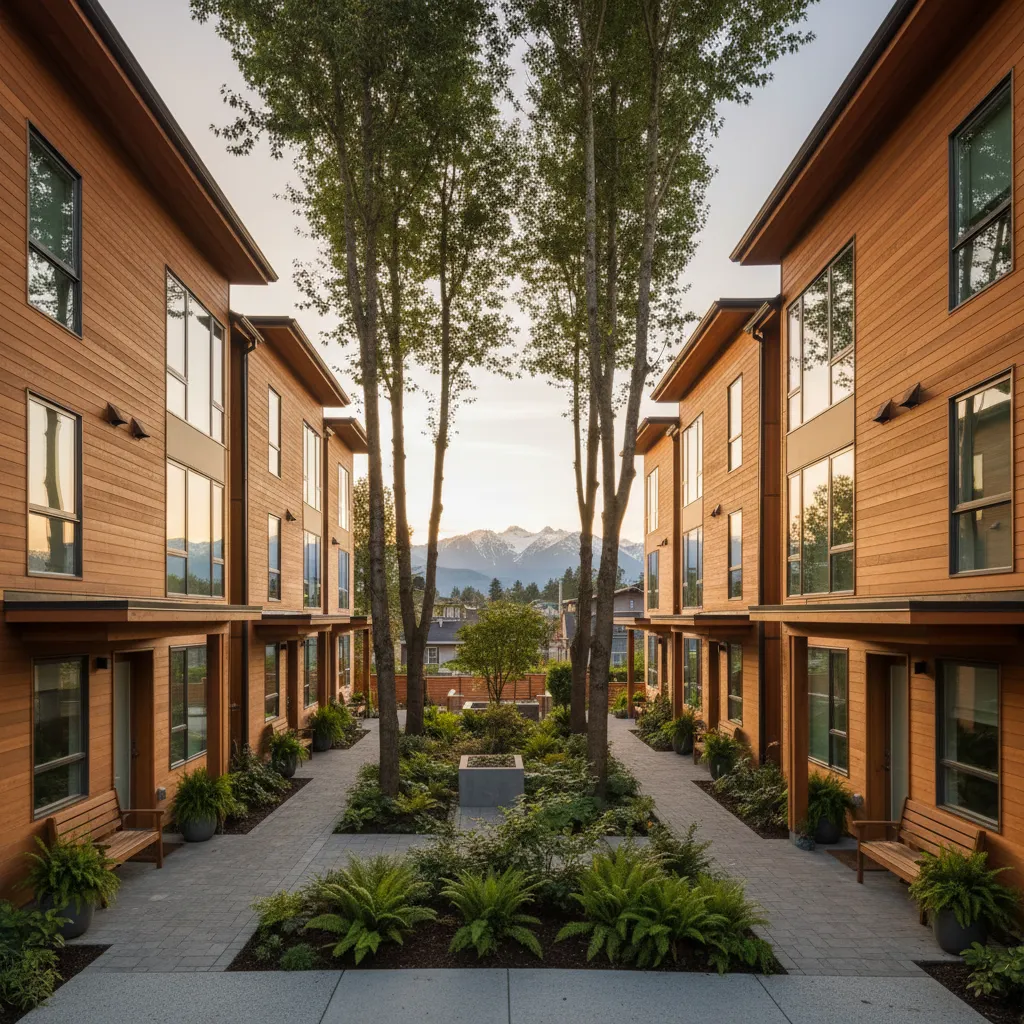 Modern multiplex building in Vancouver showing multi-generational housing with shared courtyard and family-friendly design