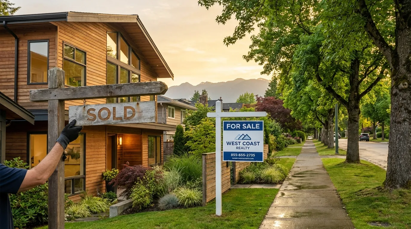 Vancouver home with for sale sign being updated on a tree-lined residential street
