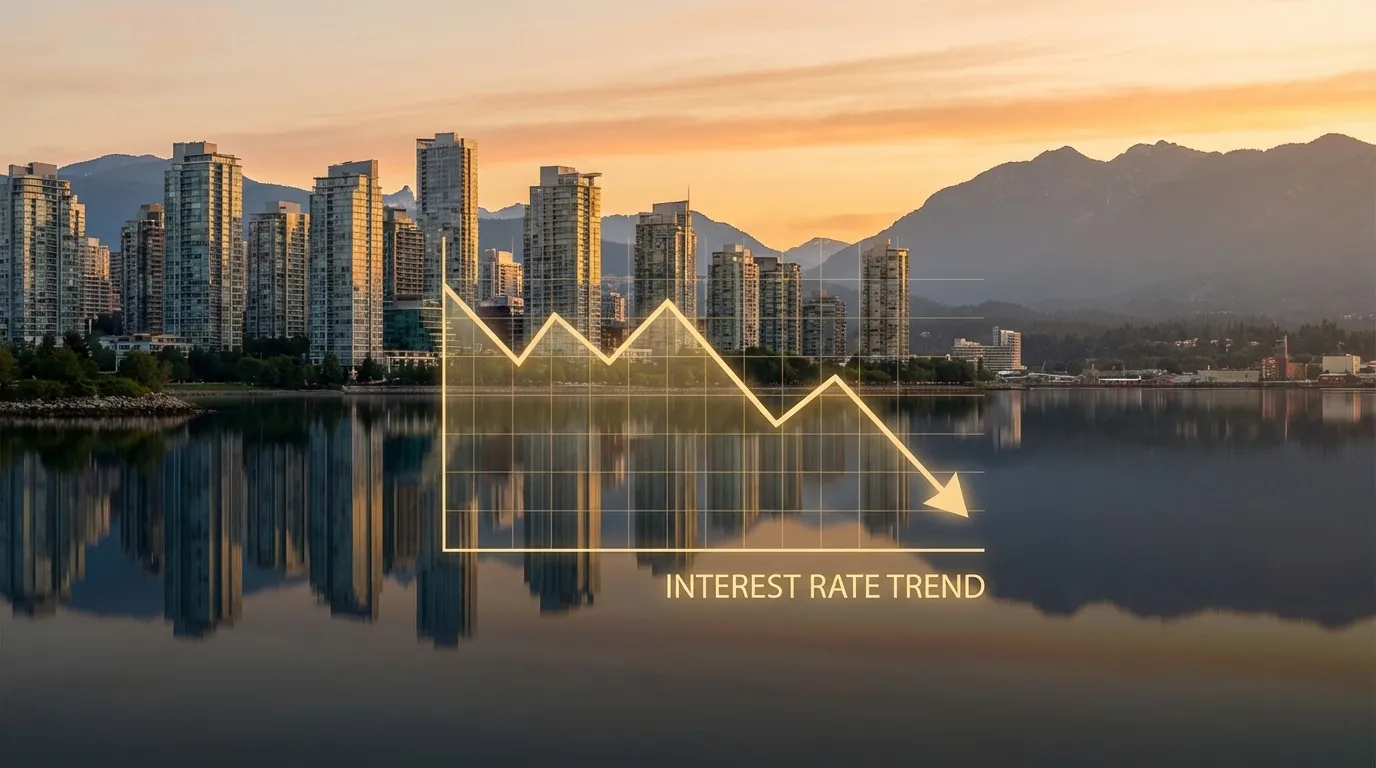 Vancouver skyline at sunset reflected in water with interest rate trend overlay