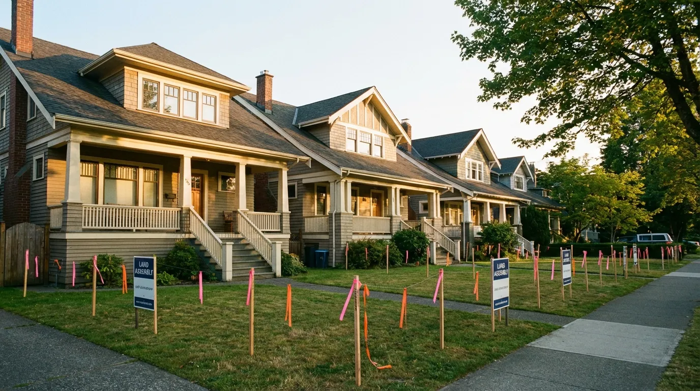 Row of Vancouver craftsman homes with land assembly survey stakes and signs on a residential street