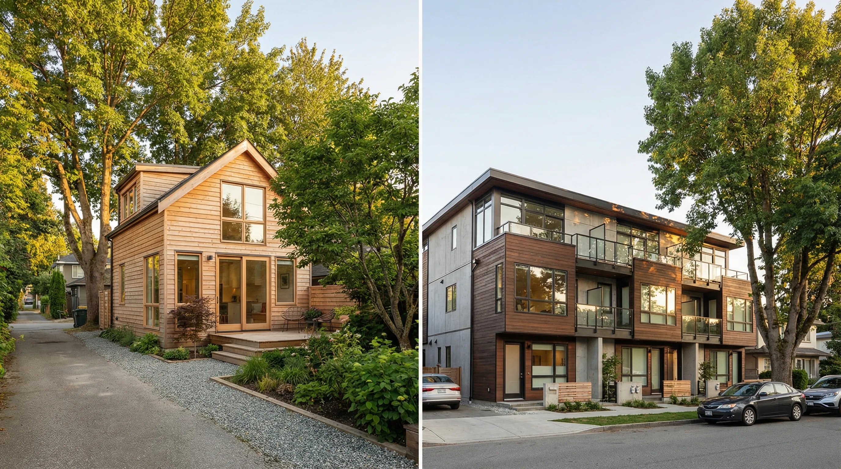 Split image showing Vancouver laneway house on one side and modern sixplex on the other, illustrating development choices