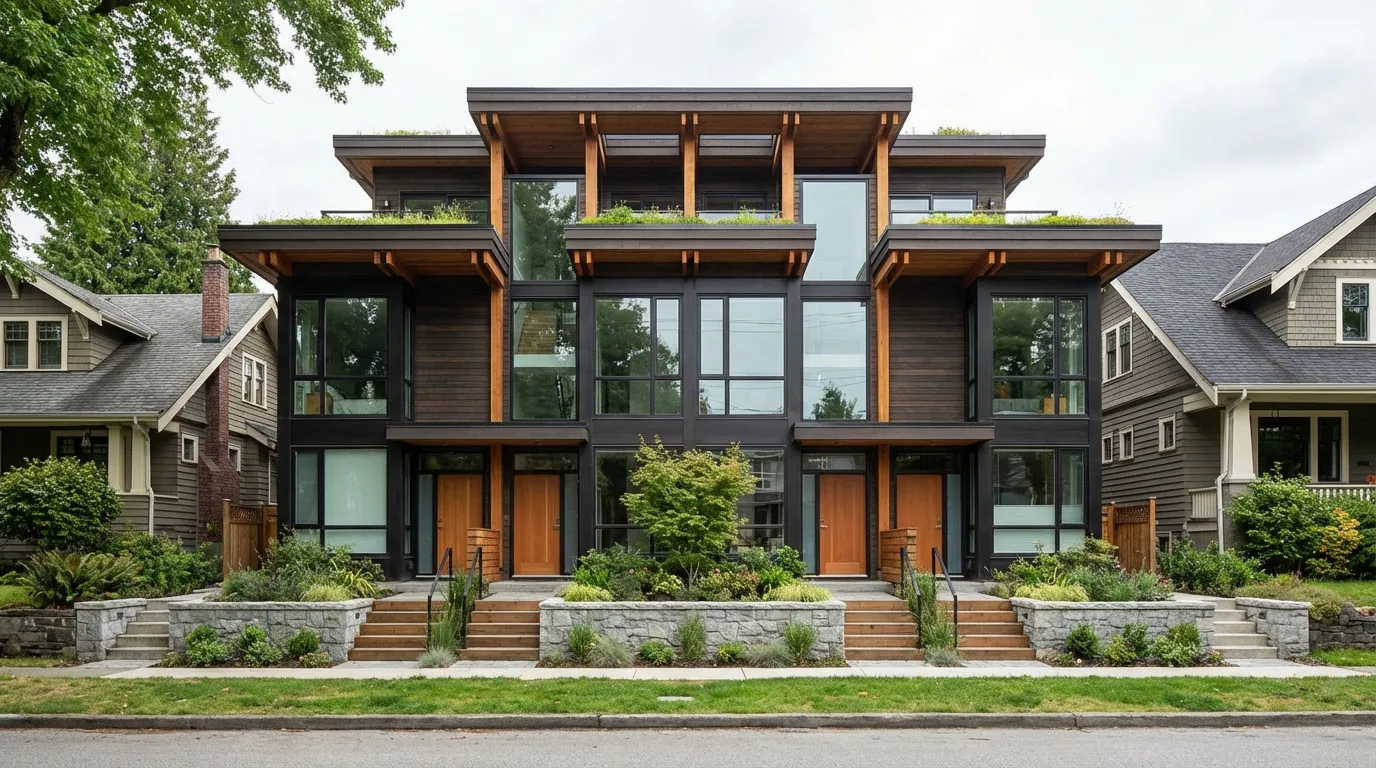 Modern 4-unit multiplex building with contemporary West Coast architecture on a Vancouver residential street