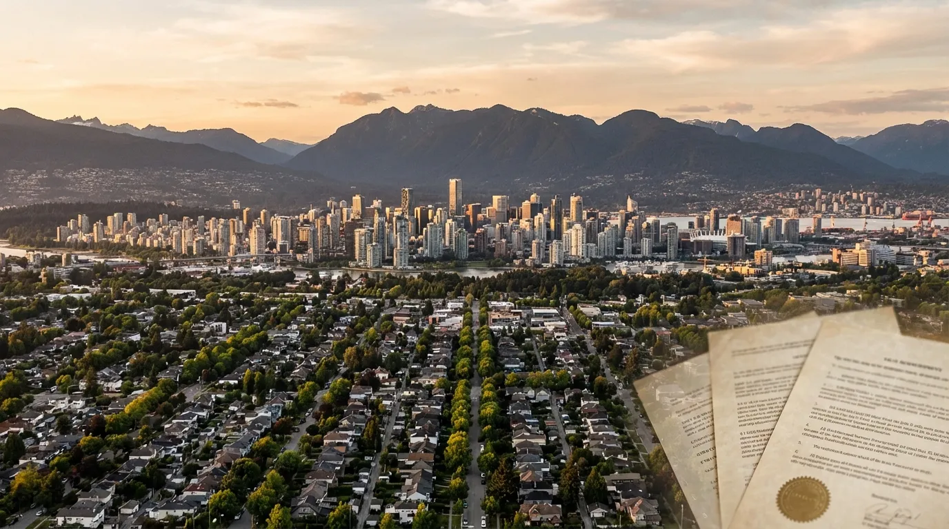 Aerial view of Vancouver residential neighbourhoods with downtown skyline and North Shore mountains, with legal documents overlaid