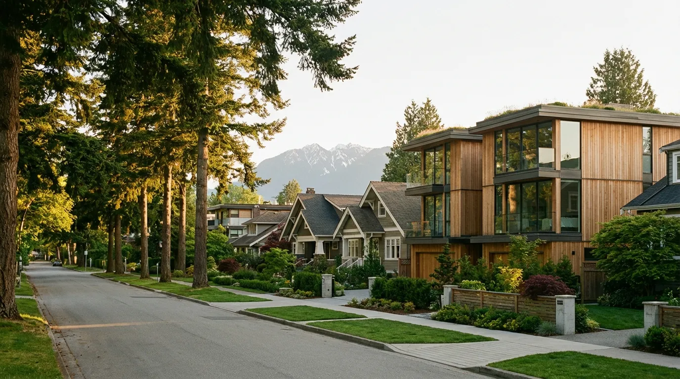 Vancouver residential street showing traditional homes alongside modern multiplex buildings with North Shore mountains in the background
