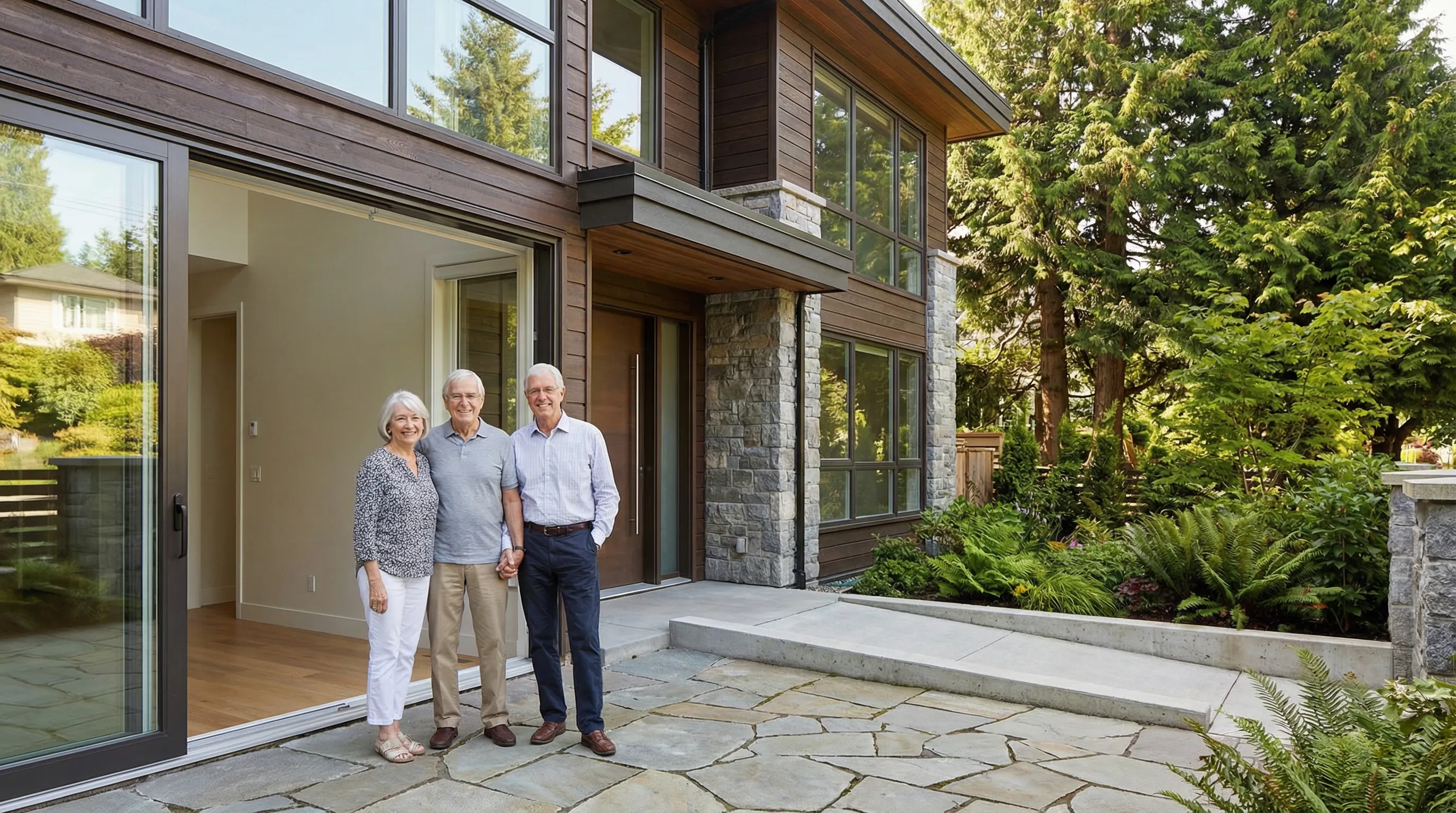 Senior couple reviewing multiplex floor plans with accessible ground-floor unit highlighted