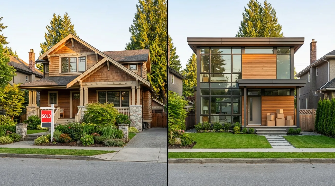 Split view of two Vancouver homes - one with sold sign and one with moving boxes on porch