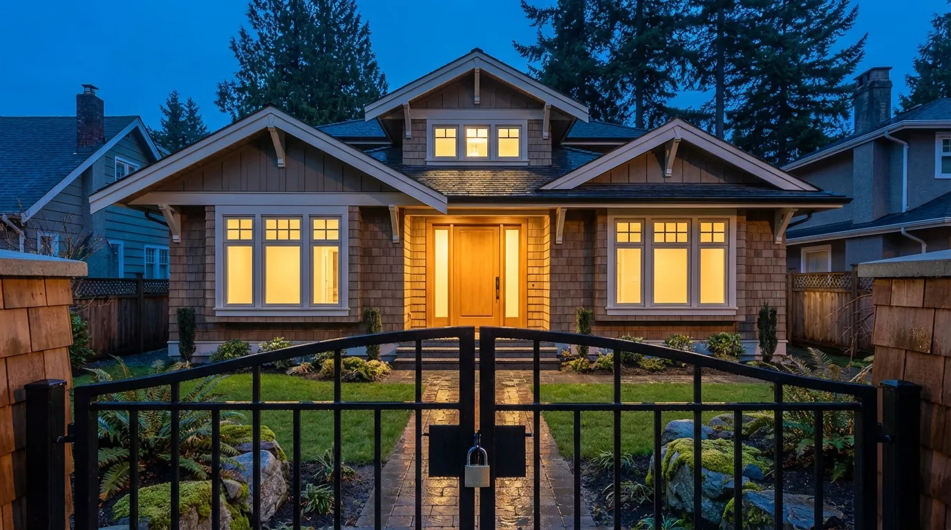 Vancouver craftsman home at dusk with warm interior lights glowing behind a locked front gate