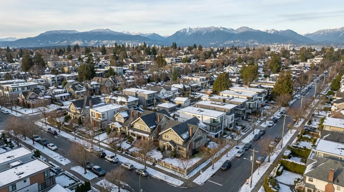 Aerial view of Vancouver residential neighbourhood with mix of traditional and modern homes, North Shore mountains in background, winter light