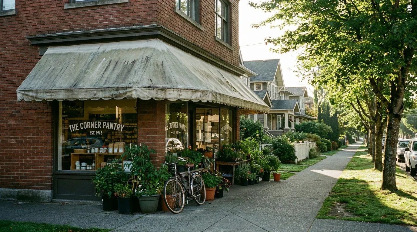 Charming Vancouver corner store on a tree-lined residential street with craftsman homes nearby
