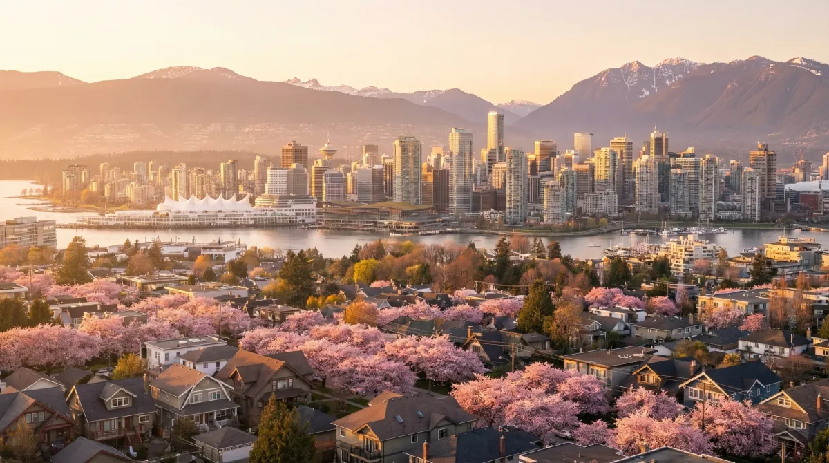 Aerial view of Vancouver skyline with North Shore mountains and cherry blossoms in foreground during golden hour