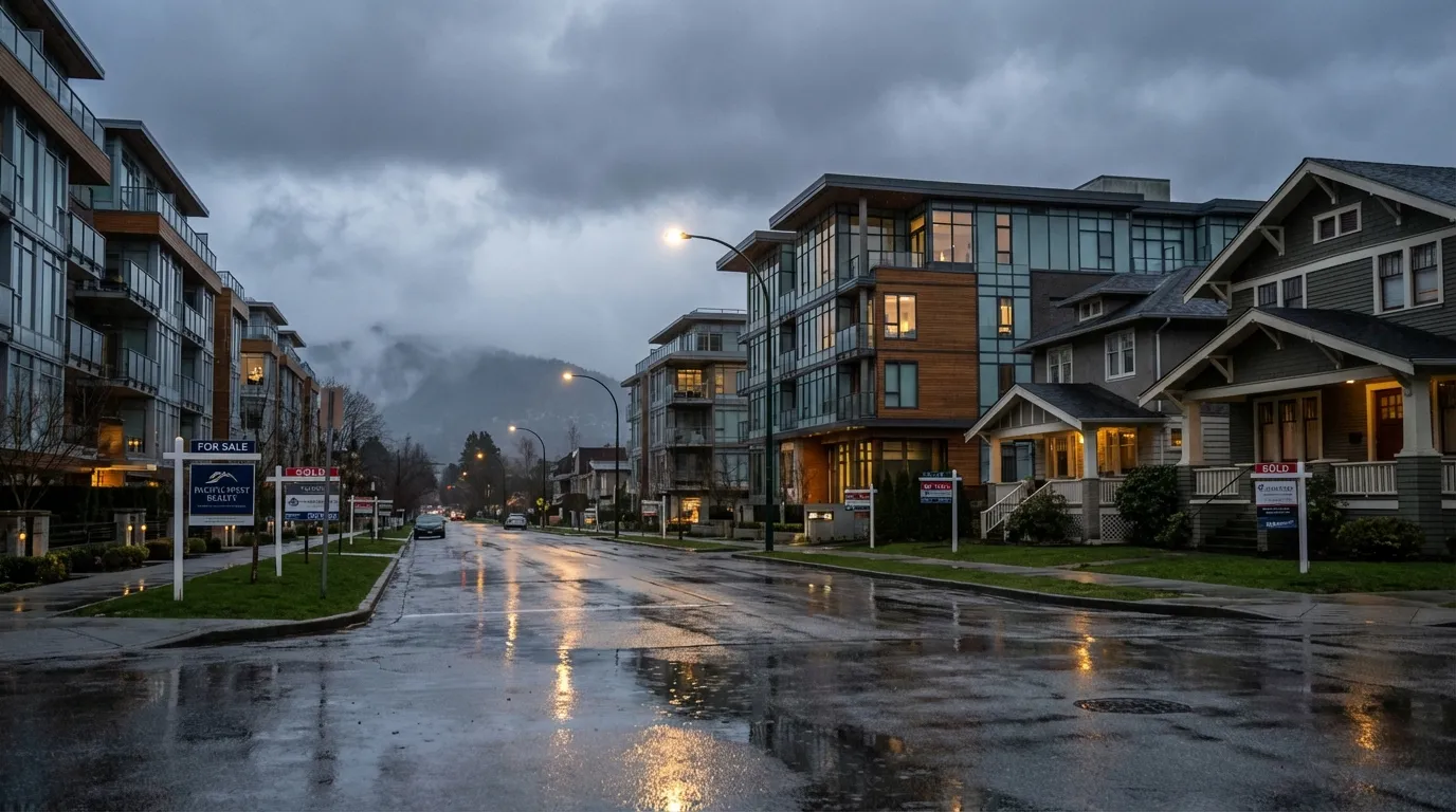 Rainy Vancouver street with real estate signs, modern condos and older homes, wet pavement reflecting streetlights