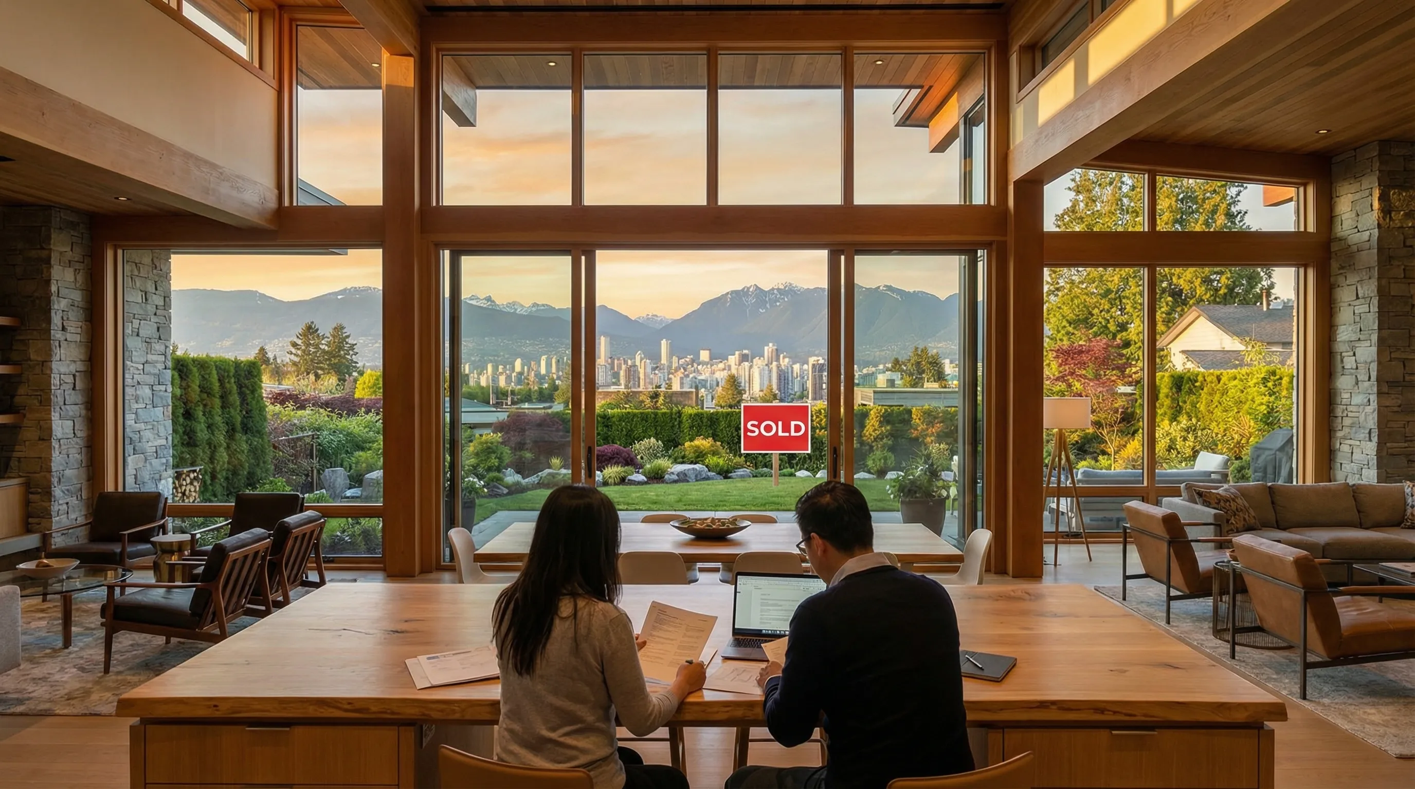 Couple reviewing mortgage documents in modern Vancouver home with mountain views