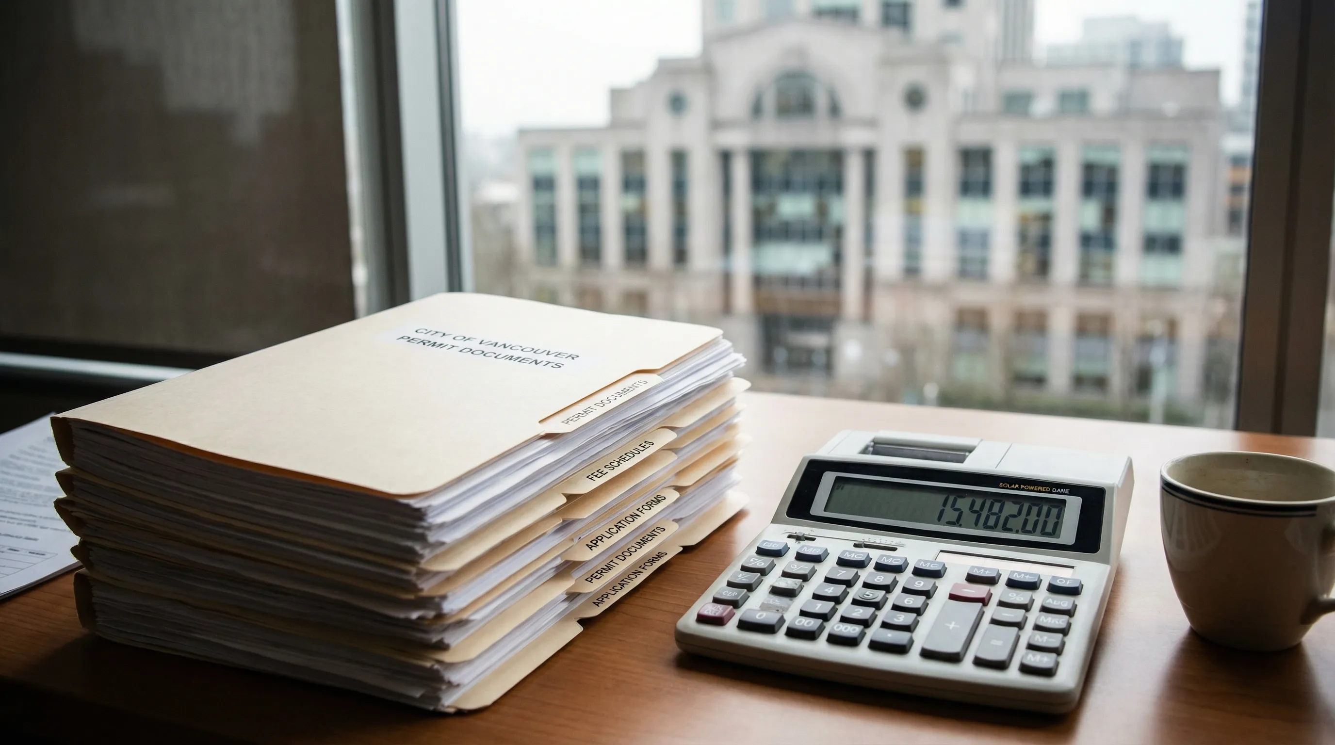 Stack of permit documents and fee schedules on desk with calculator showing large sum, Vancouver city hall in background