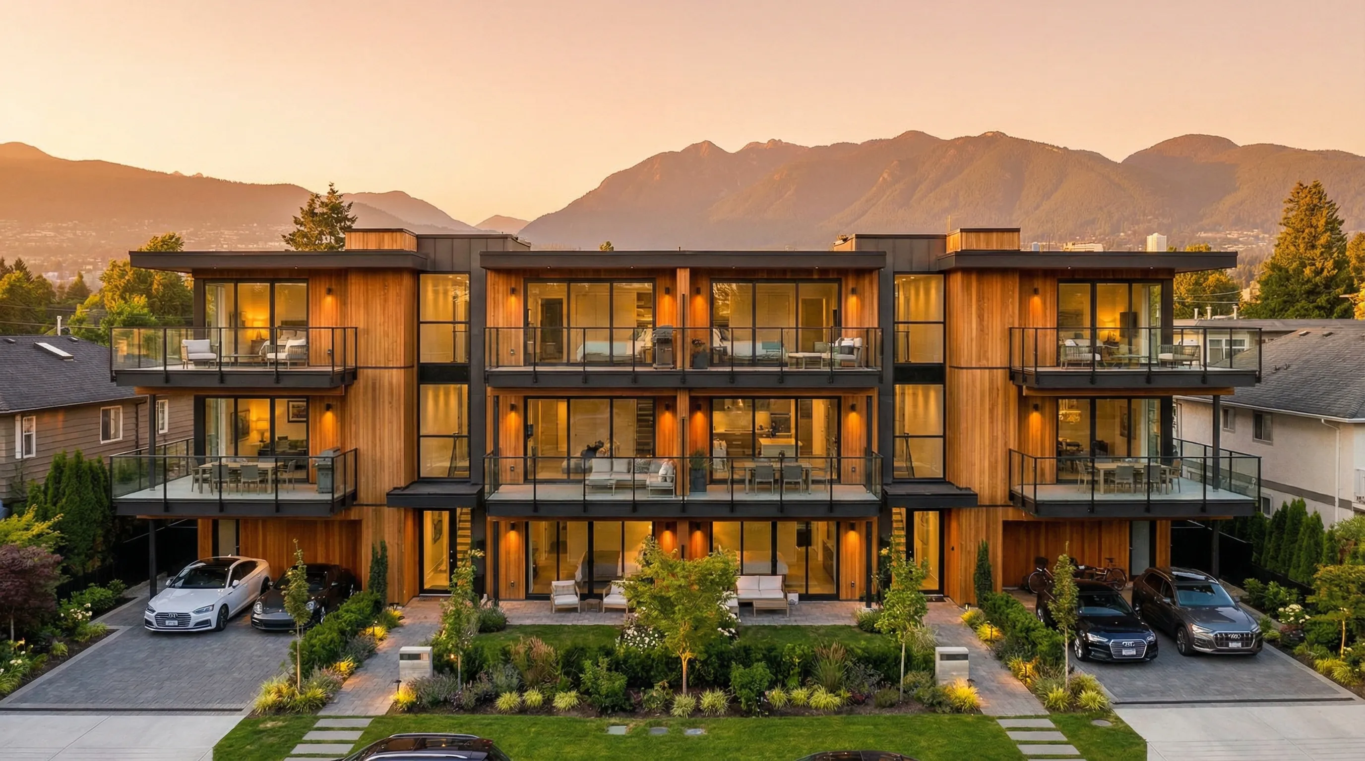 Modern Vancouver sixplex building with homeowner reviewing financial documents showing equity gains