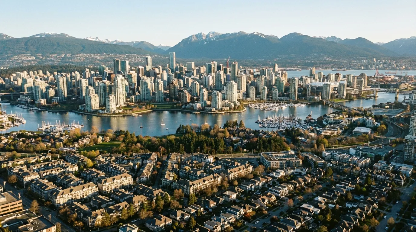 Aerial view of Vancouver skyline with residential neighbourhoods and North Shore mountains