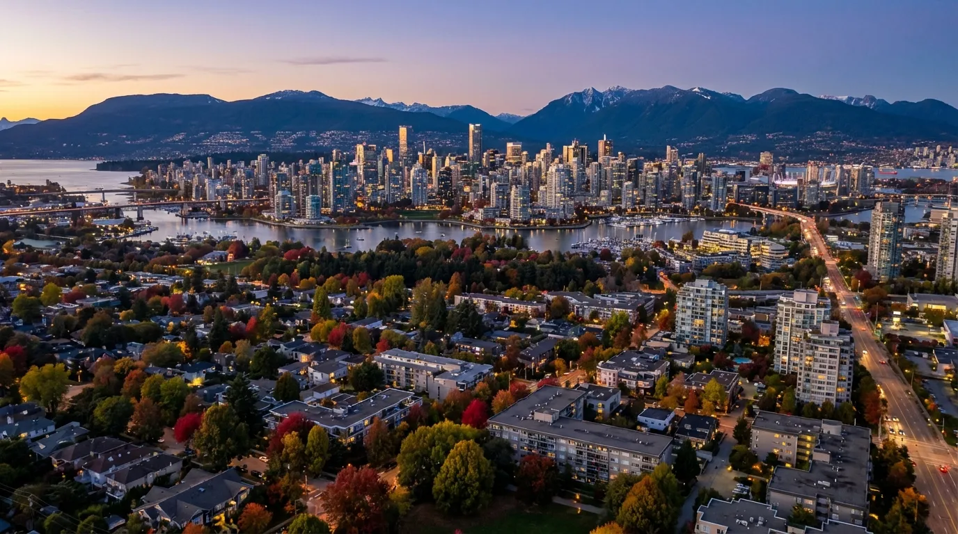 Aerial view of Metro Vancouver at dusk with fall foliage, condo towers, and North Shore mountains in background