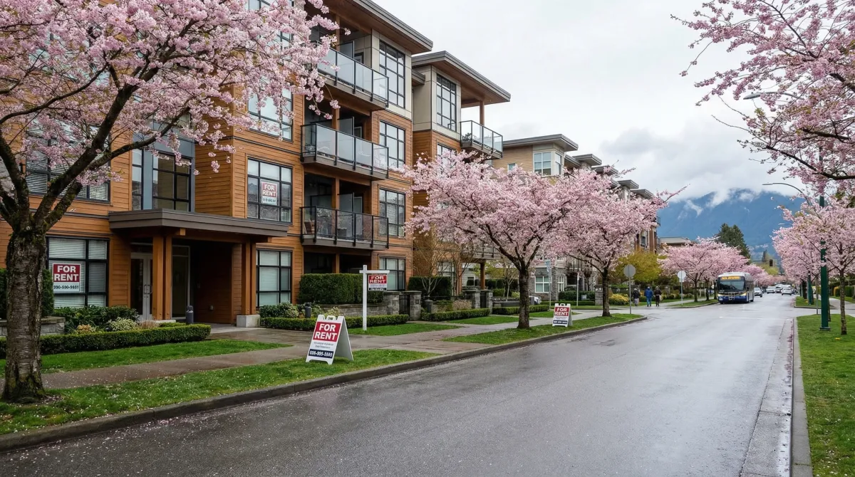Vancouver residential street with modern low-rise apartment buildings and For Rent signs during spring cherry blossom season