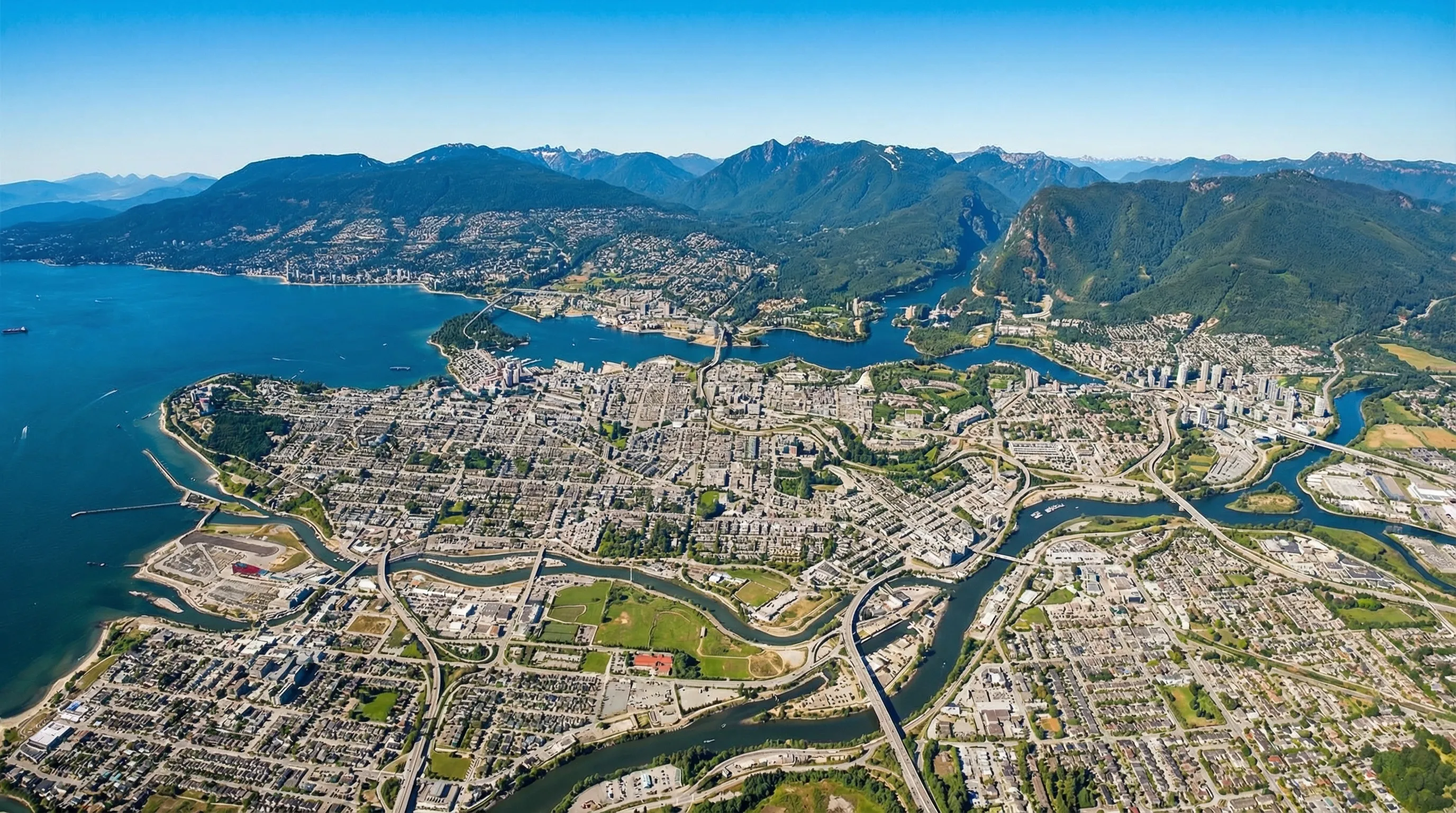 Aerial panoramic view of Metro Vancouver showing cityscape with mountains