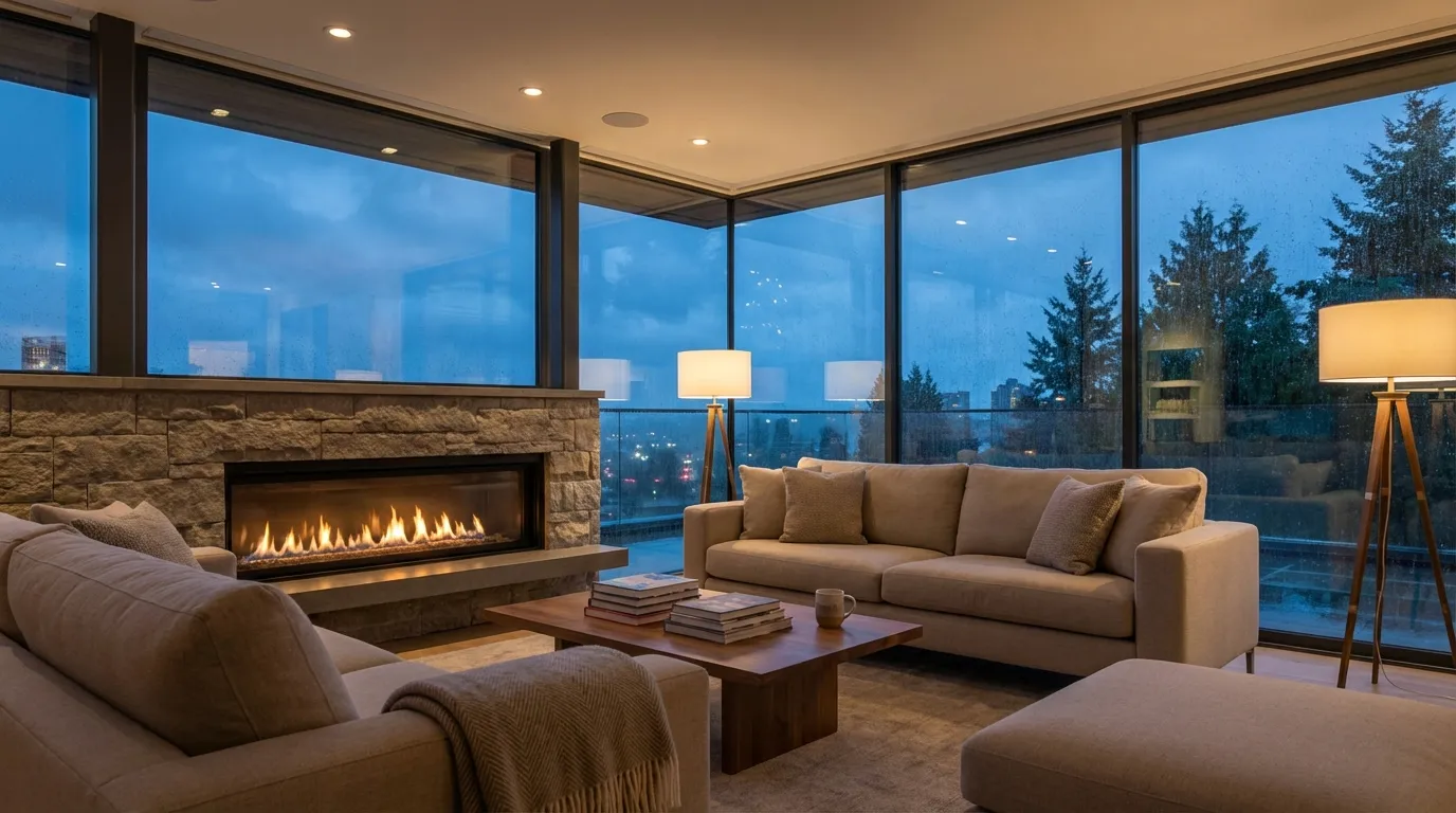 Cozy Vancouver home interior with fireplace and rainy evening view through large windows