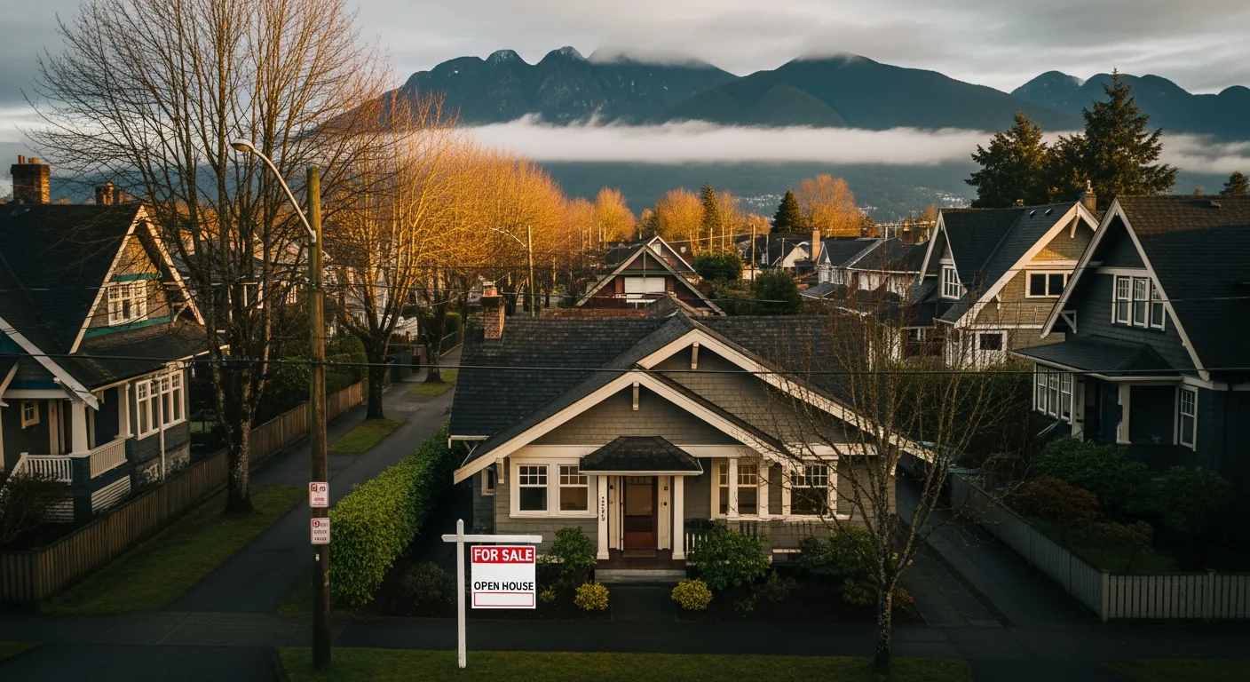 Empty Vancouver residential street with for sale sign and North Shore mountains under overcast sky